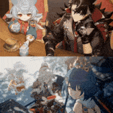 a man and a girl are sitting at a table with a cup of tea