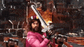 a man in a pink jacket is holding a sword in a video game