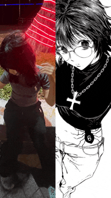 a black and white drawing of a girl with glasses and the number 6 on her belt