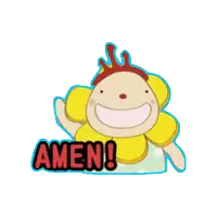 a cartoon character with a flower on his head and the word amen on the bottom