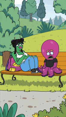 a cartoon of a woman and an octopus on a park bench