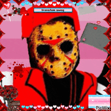 a picture of a jason voorhees holding a knife with a frame that says picmix