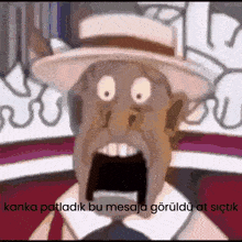 a cartoon character with a surprised look on his face and the words " kanka patladik bu mesaja goruldu at sigtik "