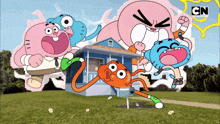 cartoon characters from the amazing world of gumball in front of a blue house