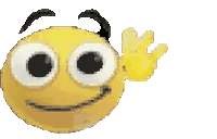 a yellow smiley face with big eyes and black eyebrows is waving its hand .