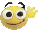 a yellow smiley face with big eyes and black eyebrows is waving its hand .