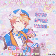 a picture of a boy with a cupcake and the words good after noon on the bottom