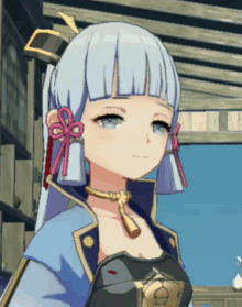a close up of a cartoon character with blue hair