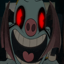 a cartoon character with red eyes and wings has a heart in his mouth