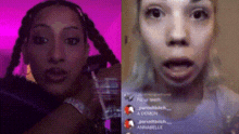 a close up of a woman 's face and a close up of a woman 's face with a pink background .