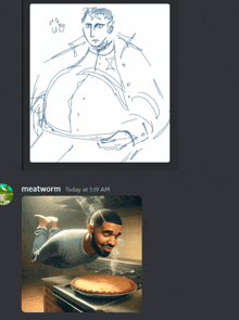 a drawing of a man eating a pie next to a picture of a man laying on a stove