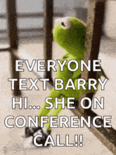 kermit the frog is sitting on a railing and talking on a phone .