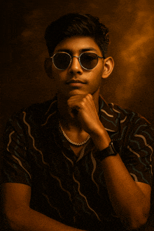 a young man wearing sunglasses and a striped shirt has his hand on his chin