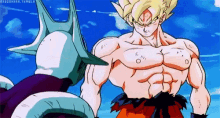 a cartoon of a muscular man standing next to another muscular man with a purple tail .