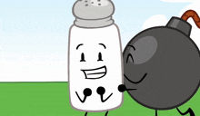 a salt shaker is smiling next to a black bomb