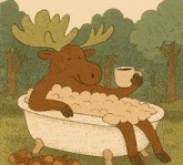 a moose is taking a bath in a tub and drinking a cup of coffee