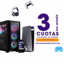 an advertisement for sharecomputacion.com shows a computer monitor headphones a phone and a game controller