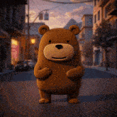 a brown teddy bear is standing on a city street with buildings in the background