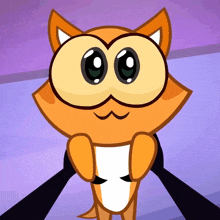 a cartoon cat with big eyes and a purple background