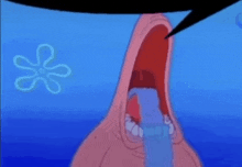 patrick star from spongebob squarepants is crying with his mouth open and tears coming out of it .