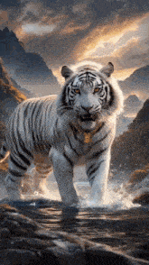 a white tiger with a gold chain around its neck is walking through the water