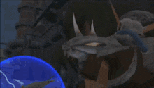 a cartoon character is standing next to a blue ball with lightning coming out of it .