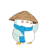a penguin wearing a hat and a scarf is waving