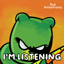 a cartoon bear says i 'm listening with a guitar