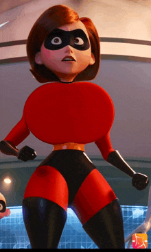 a cartoon character in a red and black superhero outfit