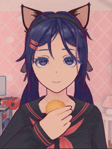 a girl with blue hair and cat ears holds a cookie