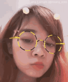 a close up of a woman wearing glasses with the name luna lorraine written above her