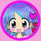 a cartoon drawing of a girl with blue hair and hearts around her