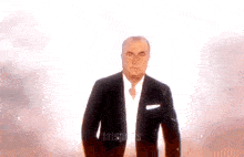 a man in a suit and tie is standing in front of a white background with the word sports on it .