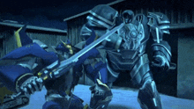 two transformers are fighting each other with swords in a video game .