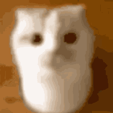 a blurred image of a white owl with big eyes