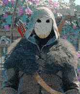 a man wearing a mask and a fur coat holds a bow and arrows