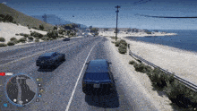 a screenshot of a video game shows a car driving down a highway