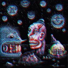 a painting of a clown and a monster with the letter d on it