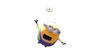 a yellow and purple minion standing next to a duck on a white background