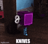 a purple box with a face and legs is standing next to a brick wall .