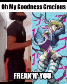 a meme of a man standing next to a picture of a cartoon character with the caption oh my goodness gracious