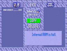 a screenshot of a sonic the hedgehog game that says copy delete and exit