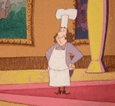 a cartoon character is wearing a chef 's hat and apron .