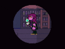 a pixel art drawing of a girl holding a bottle