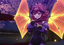 a girl with horns and wings is holding a banana in her hand