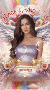 a picture of a woman with angel wings and the words peace and love on the bottom