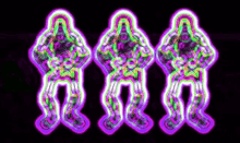 three people are standing next to each other in a row in a purple and green glowing silhouette .