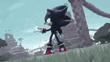 shadow the hedgehog from sonic the hedgehog is standing in the grass in a video game .