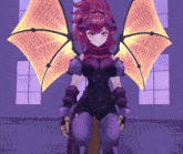 a purple and orange animated character with wings and horns