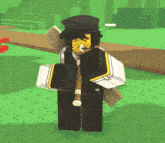 a cartoon character is holding a wooden stick and wearing a hat with the letter s on it